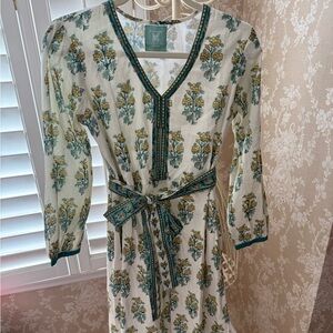 Verdigris Collection cotton Floral Print Maxi Dress - Green and Cream